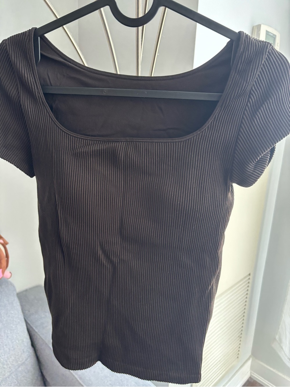 Uniqlo Brown Ribbed Square-Neck Short Sleeve Top